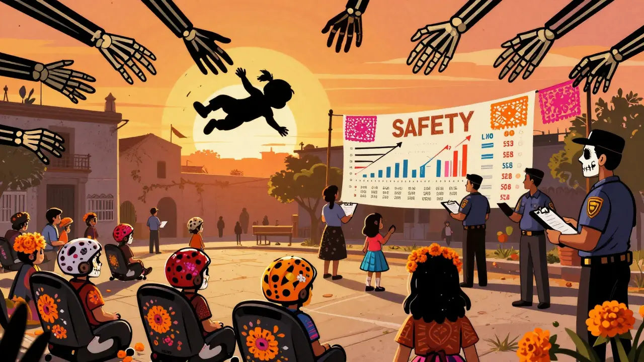 Children in decorated safety gear in a town square, watched over by skeletal guardians catching a falling child, under a safety stats banner.