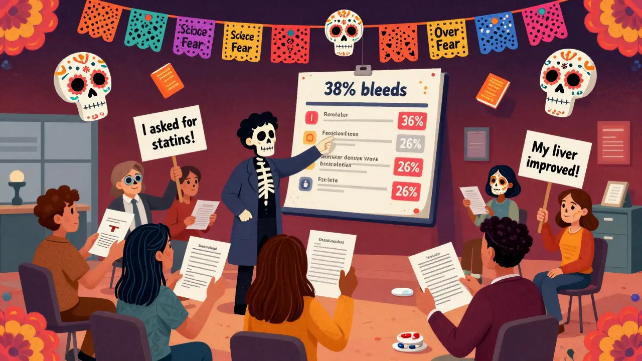 Clinic scene with patients advocating for statins, surrounded by data charts and Day of the Dead motifs.