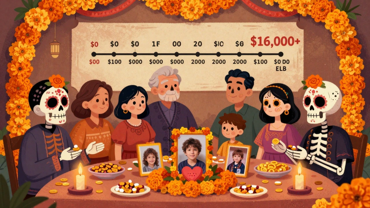 Family altar with photos and pill bottles, skeletal ancestors giving savings tokens, timeline showing decades of cost savings.