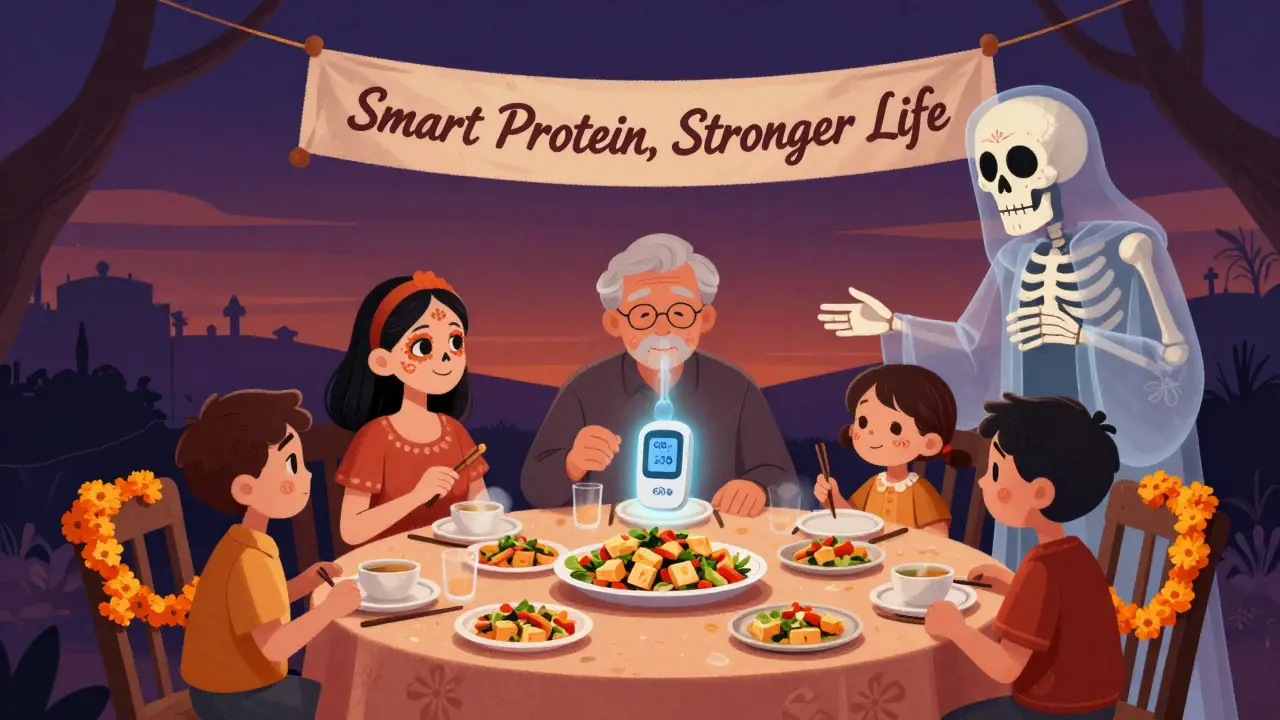 Family sharing a CKD-friendly meal under a skeletal guardian, dishes glow with protein levels, marigolds and twilight sky in background.