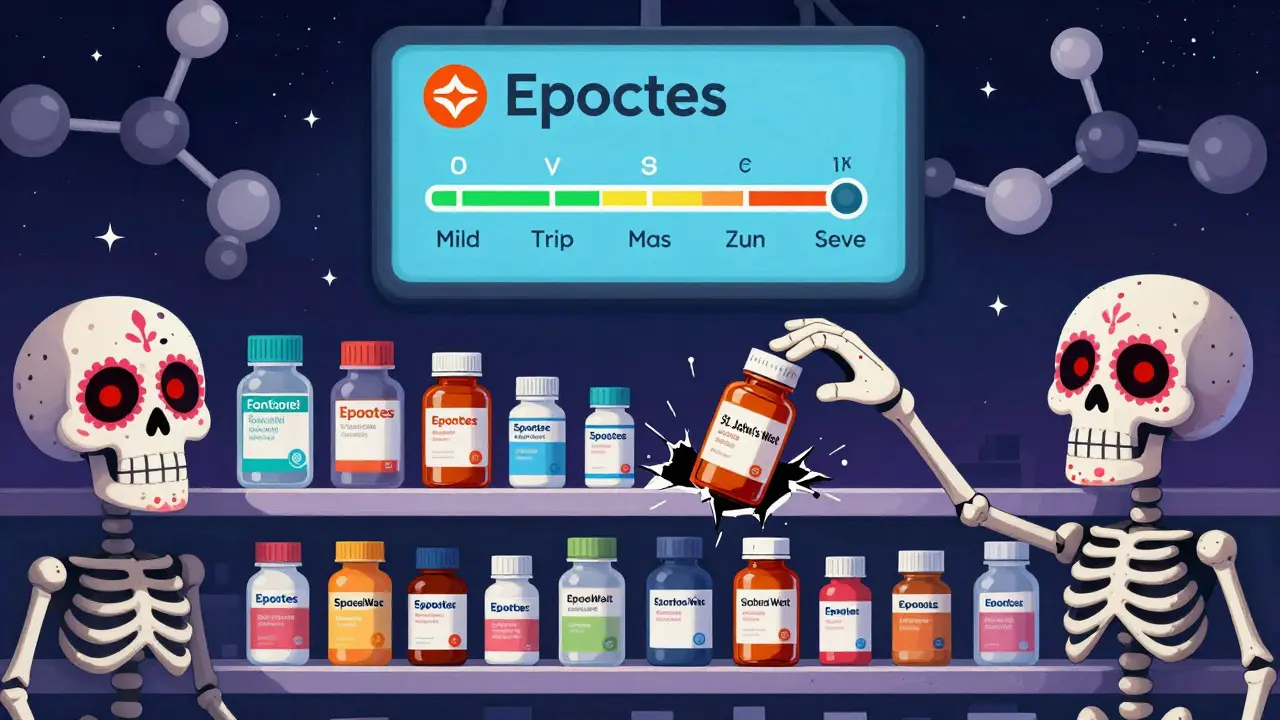 Generic drug bottles shaped like skeletons glow with warning signs, while a hidden supplement slips through digital cracks under a molecular starry sky.