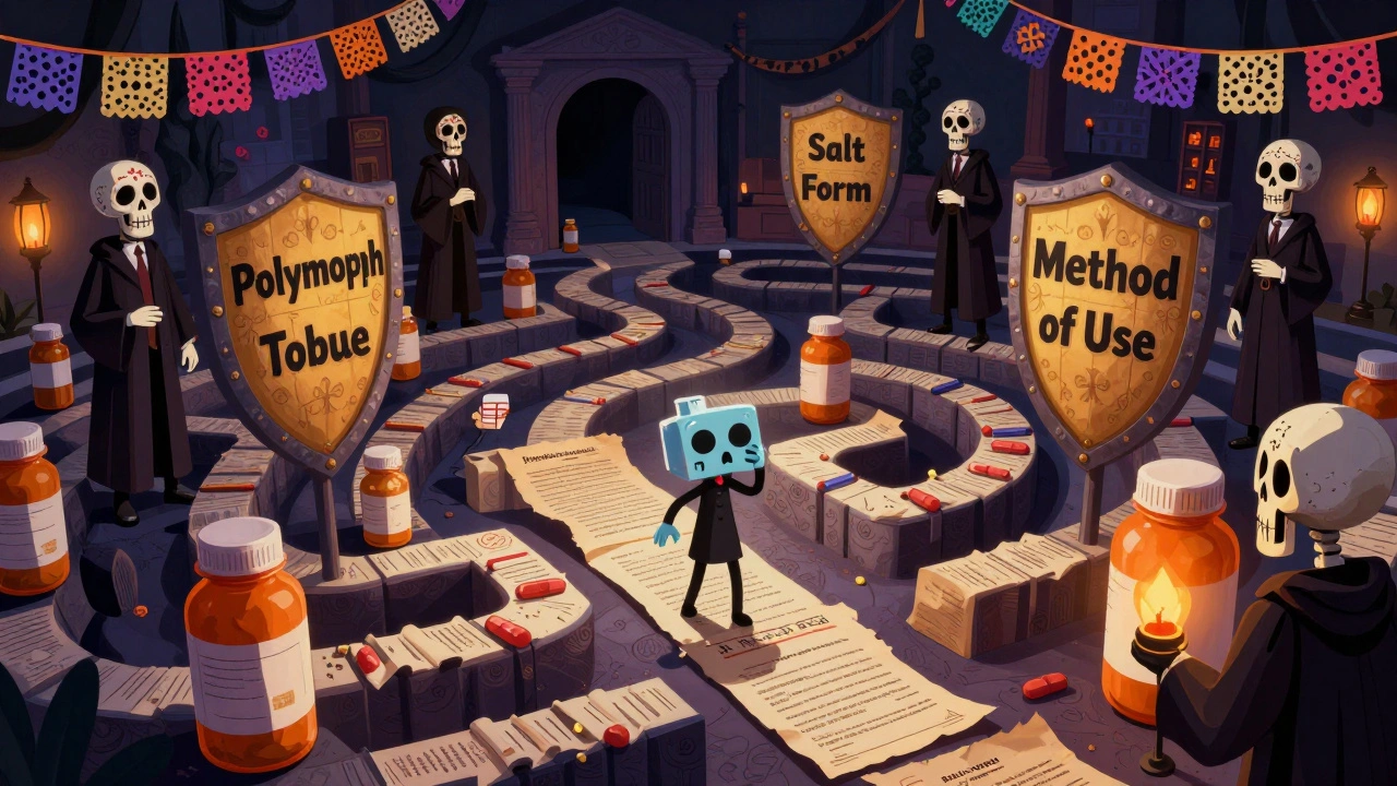 Generic drugmaker navigating a maze guarded by patent shields in skull-themed legal world