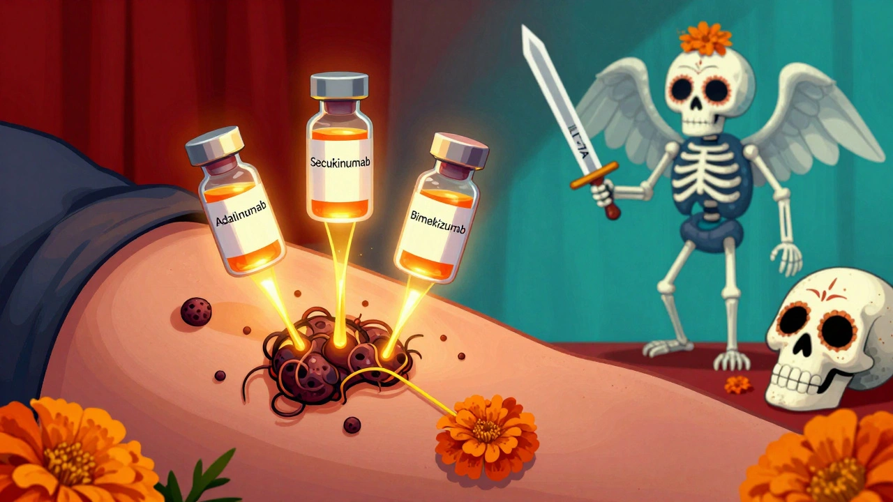 Glowing biologic vials sending golden light into skin, dissolving nodules into marigolds and skeletal angels.