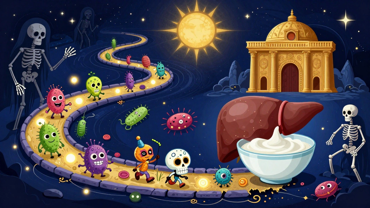 Glowing probiotic skulls traveling from yogurt to a liver temple, fighting toxic skeletons from processed sugars.