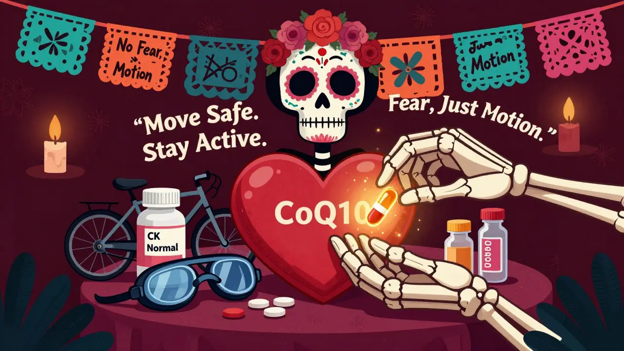 Heart-shaped altar with statins, exercise gear, and blood test, surrounded by skeletal hands and hopeful messages.