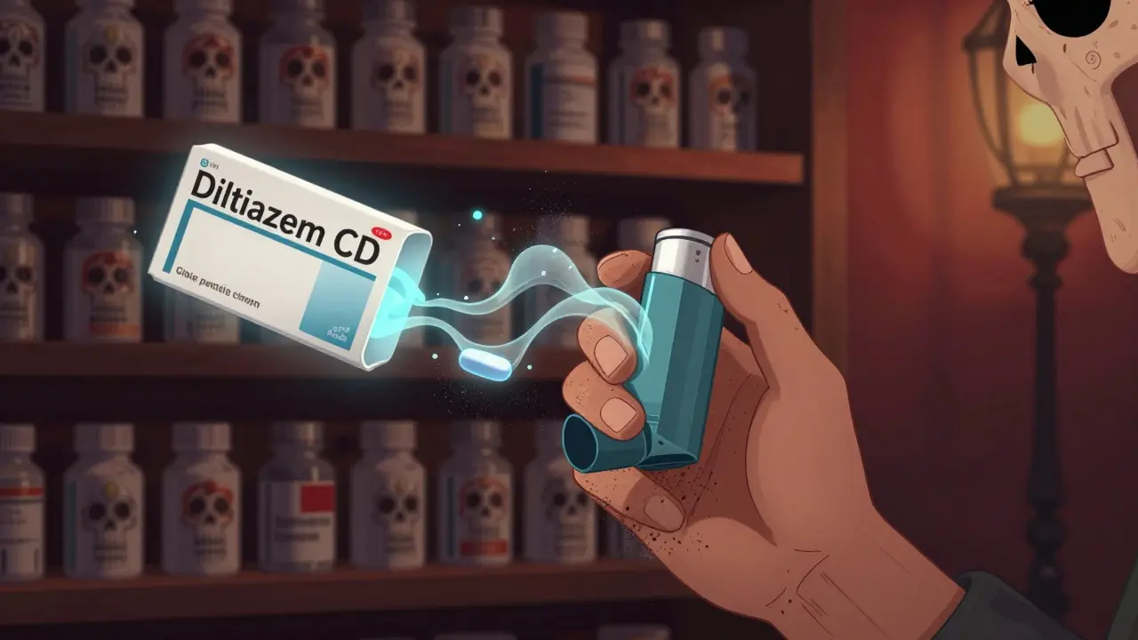 Patient's hand holding a crumbling inhaler as a dissolving pill leaks time-release waves, shadowed pharmacy shelf in background.