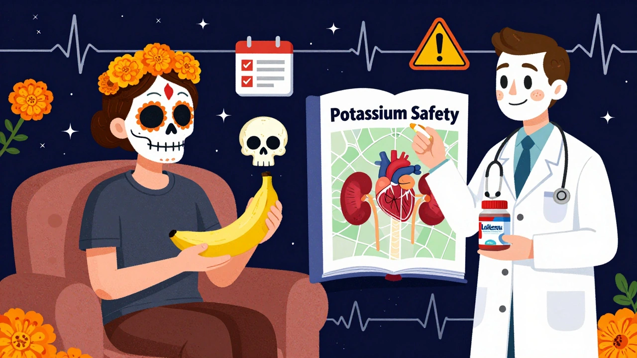 Patient holding a banana that turns to a skull, with safety icons and potassium binders floating nearby in Day of the Dead style.