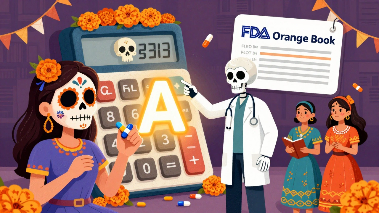 Patient holding a generic pill as a skeletal doctor points to an FDA &#039;A&#039; rating, with a skull-shaped cost calculator showing billions saved.