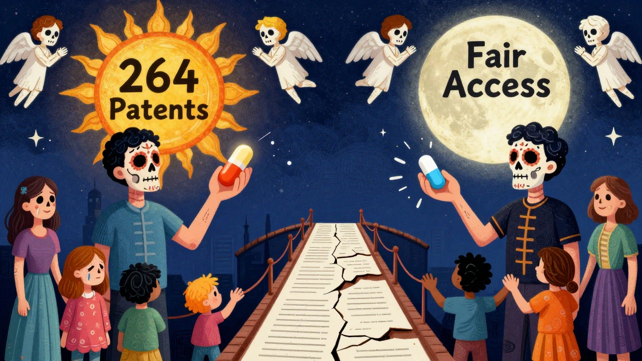 Patient split between expensive branded pill and affordable generic under contrasting skies