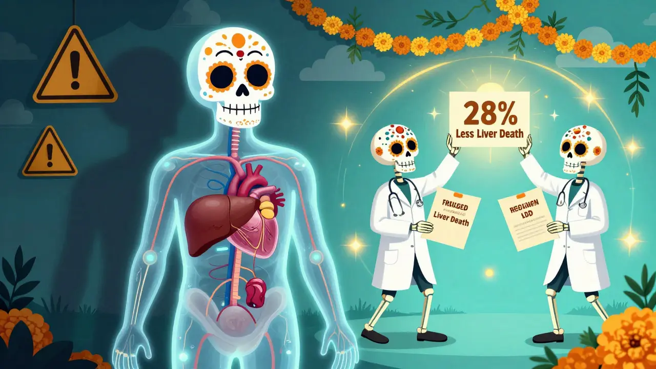 Patient with translucent organs showing statin benefits: healthy liver, heart, and rising survival rates.