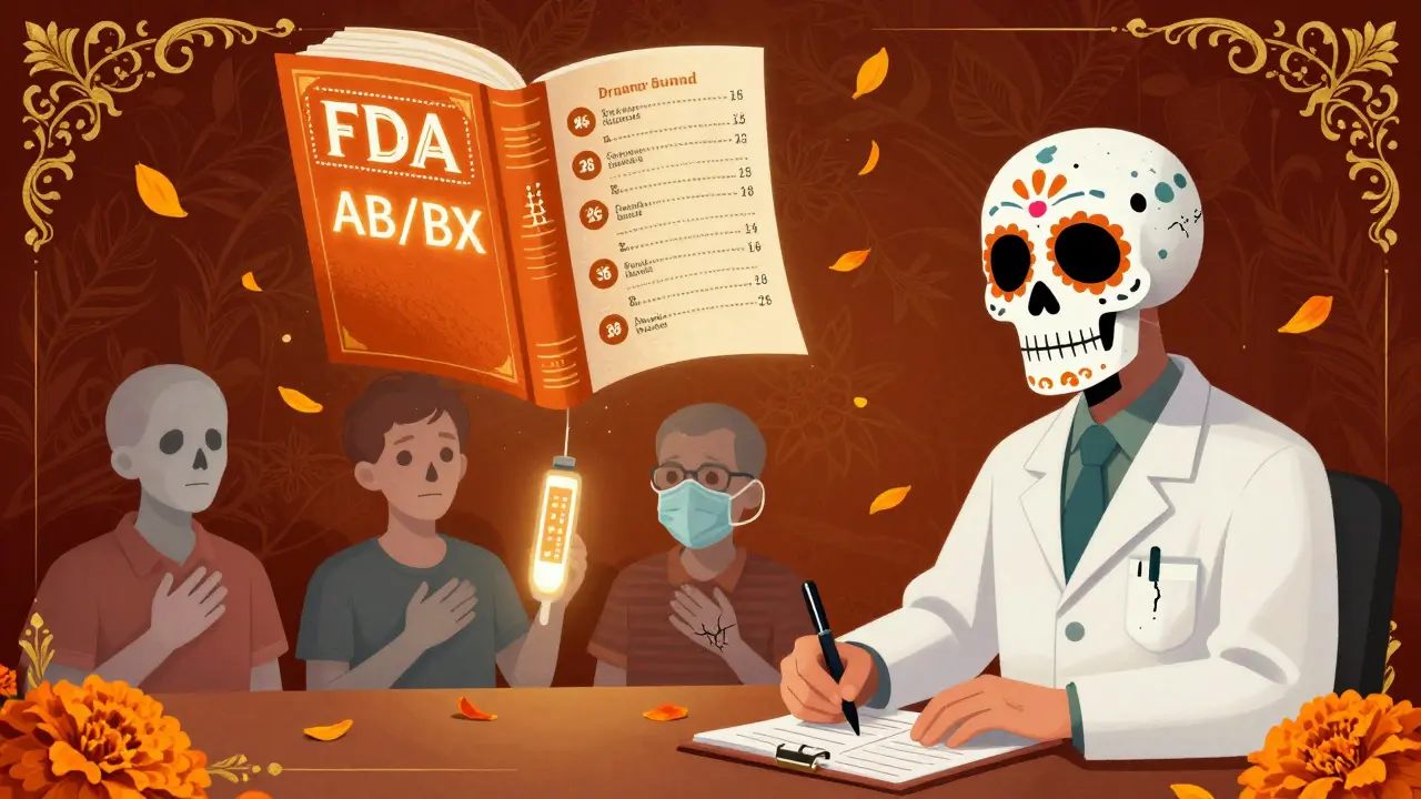 Pharmacist documenting issues as ghostly patients with symptoms appear, giant FDA Orange Book floating above with glowing ratings.