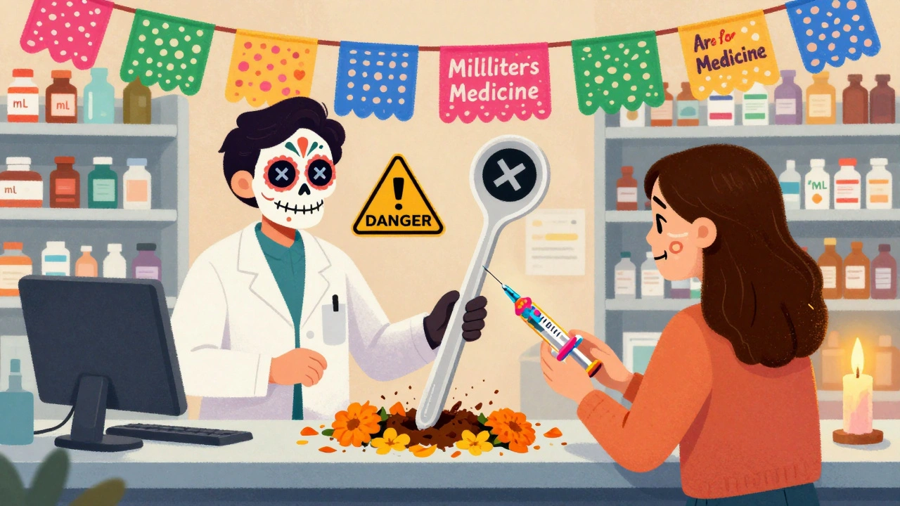 Pharmacist handing a decorated oral syringe to a parent, while a dangerous teaspoon is being buried under flowers.