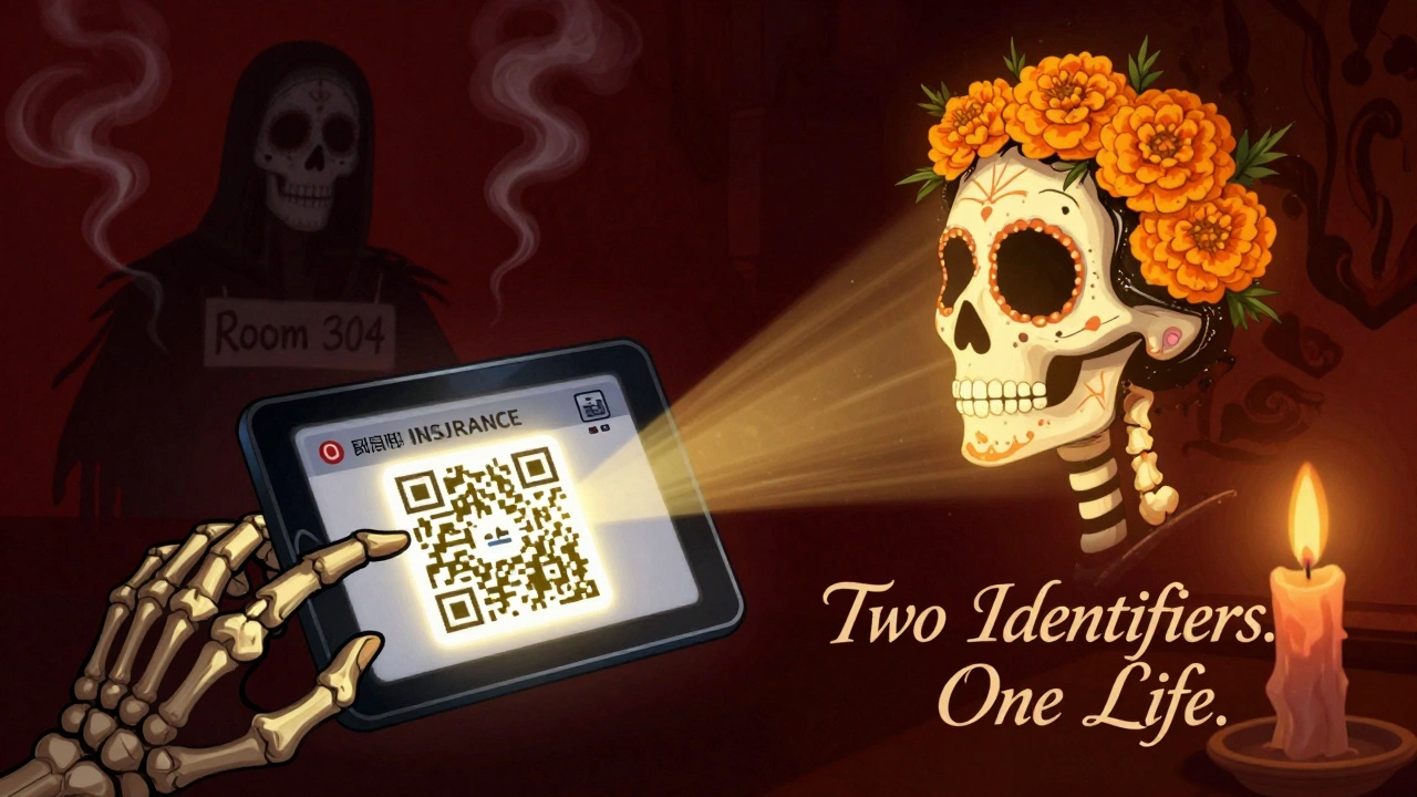 QR code scanned by skeletal tablet connecting to a glowing patient profile, while a &#039;Room 304&#039; shadow dissolves into smoke.