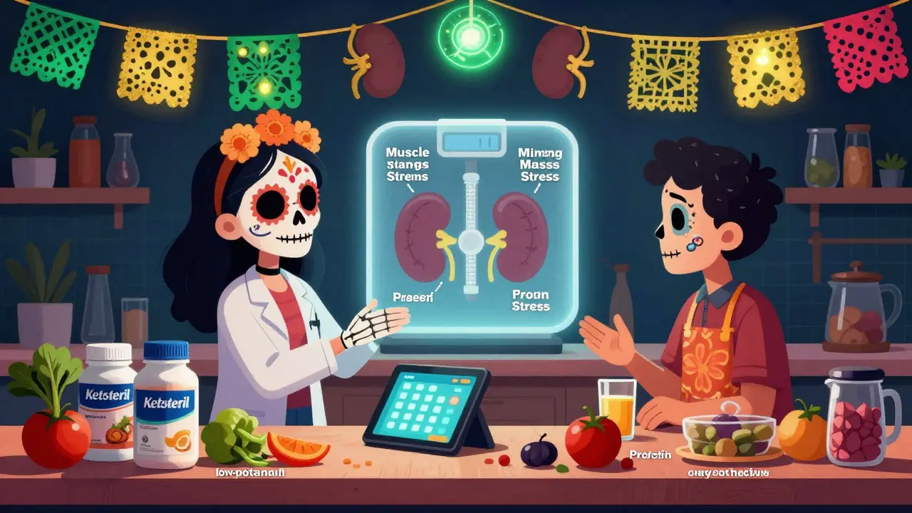 Renal dietitian guiding patient in kitchen with labeled ingredients and glowing protein calculator, papel picado in kidney shapes.