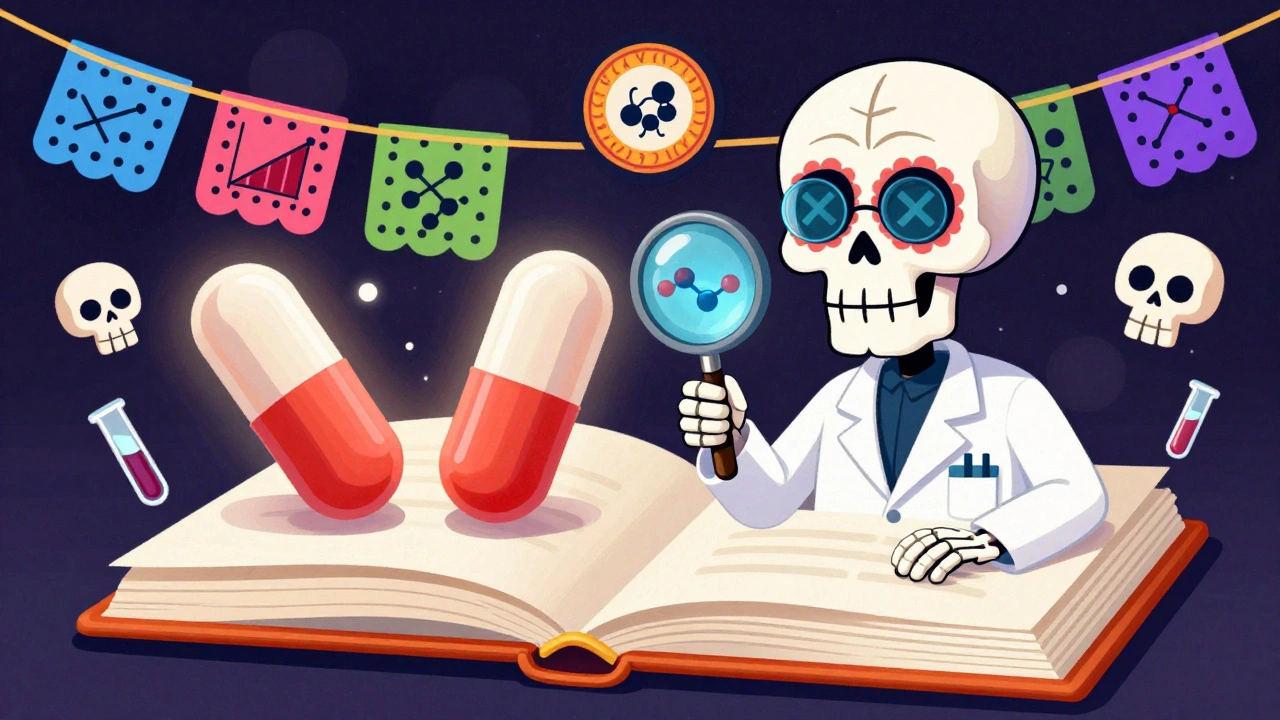 Skeleton pharmacist using a magnifying glass to reveal identical pill molecules, with FDA seals and papel picado graphs floating around.