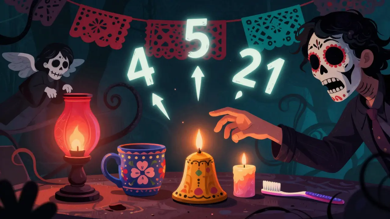 Someone grounding themselves by touching five colorful objects, while skeletal angels point to floating sensory cues.