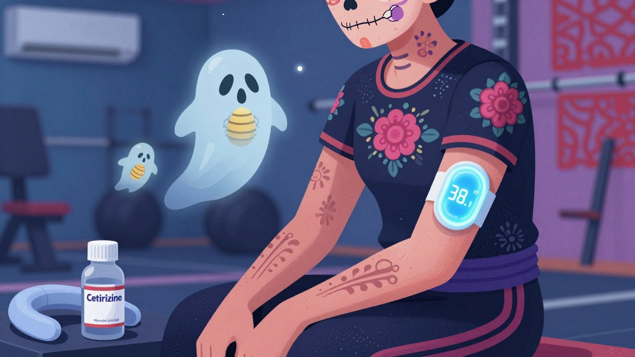 Someone in a cool gym wearing athletic gear with floral designs, a temperature patch glowing, and fading hives like papel picado above them.