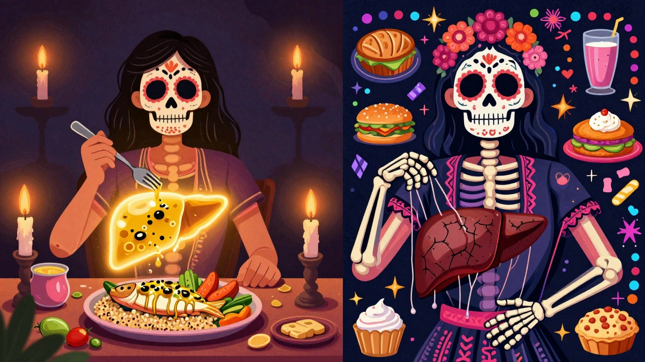 Split image: healthy liver glowing with Mediterranean food vs. damaged liver with scarring from junk food.