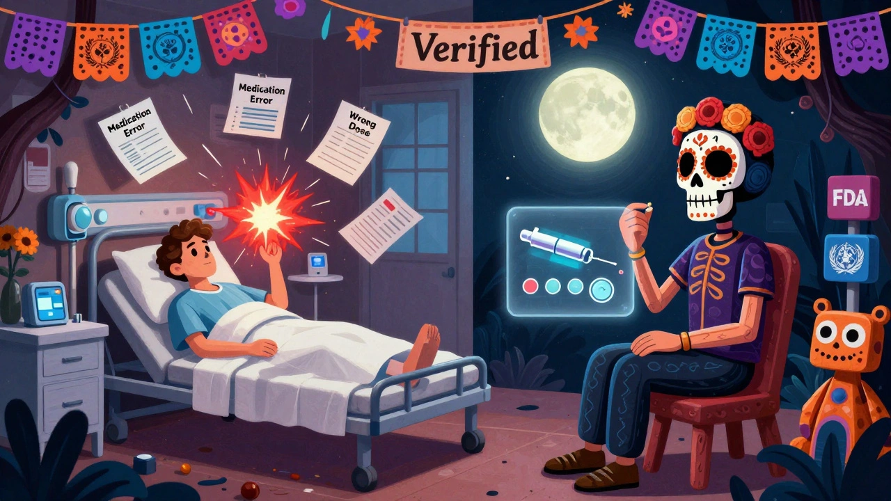 Split scene: chaotic medication errors on one side, safe drug use on the other, with safety system creatures and peer-reviewed banners.