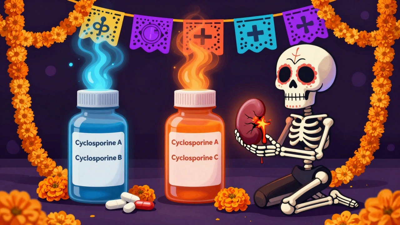 Three generic cyclosporine bottles emitting colored mists, patient holding cracked kidney