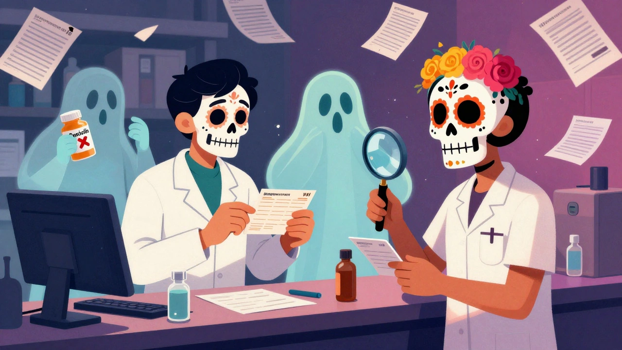 Two pharmacy workers verifying ID as ghostly misidentified patients fade away, with duplicate records crumbling in the background.