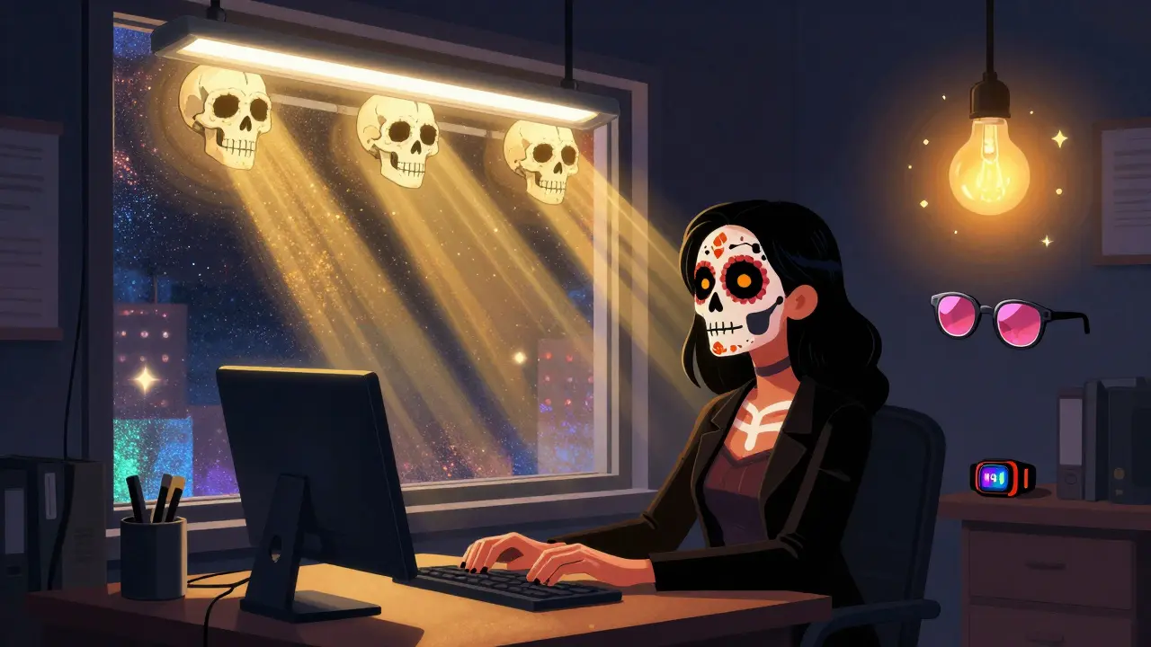 Woman at desk with UV rays streaming through window, skeletal fluorescent bulbs, LED light and UV sensor glowing nearby.