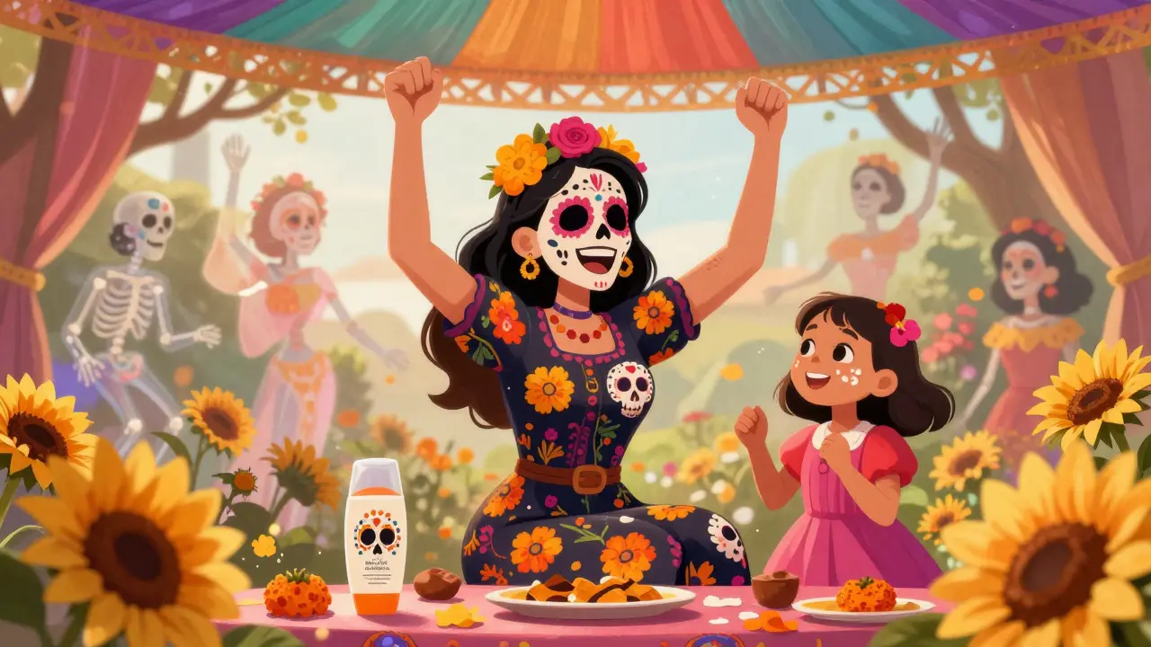 Woman laughing under canopy at birthday party, wearing skull-patterned clothing, with sunscreen bottle and dissolving flares in background.