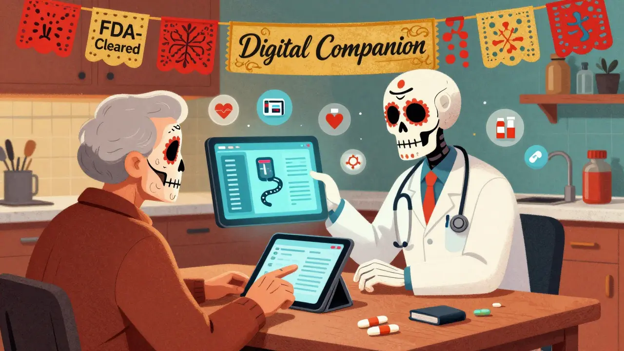 A doctor helps an older patient use a DTx app, with skeletal data figures emerging from the screen, surrounded by health icons and colorful folk decorations.