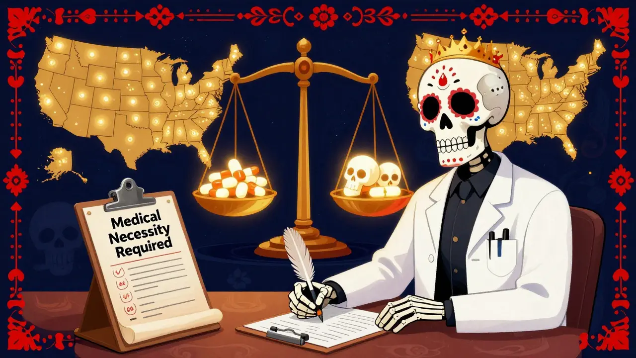 A doctor writes a prescription as a skeleton points to 'Medical Necessity Required,' with brand and generic pills on a balanced scale.