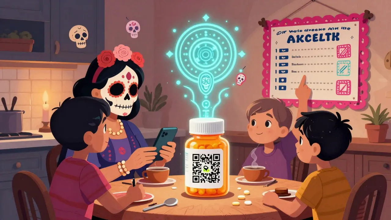 A family checks a pill bottle's QR code under a Day of the Dead-inspired safety checklist with glowing manufacturer icons.