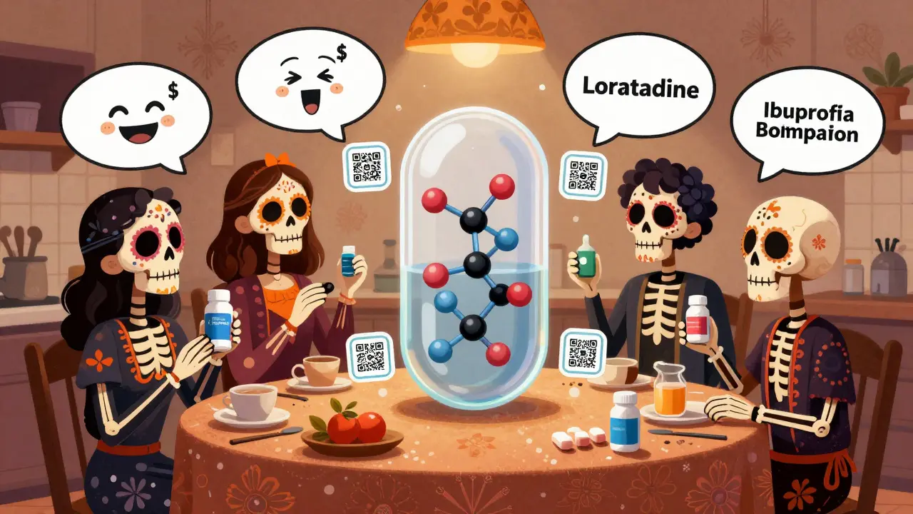 A family of skeletons at a table with store-brand meds, thought bubbles showing happiness and savings, a transparent pill revealing identical molecules.