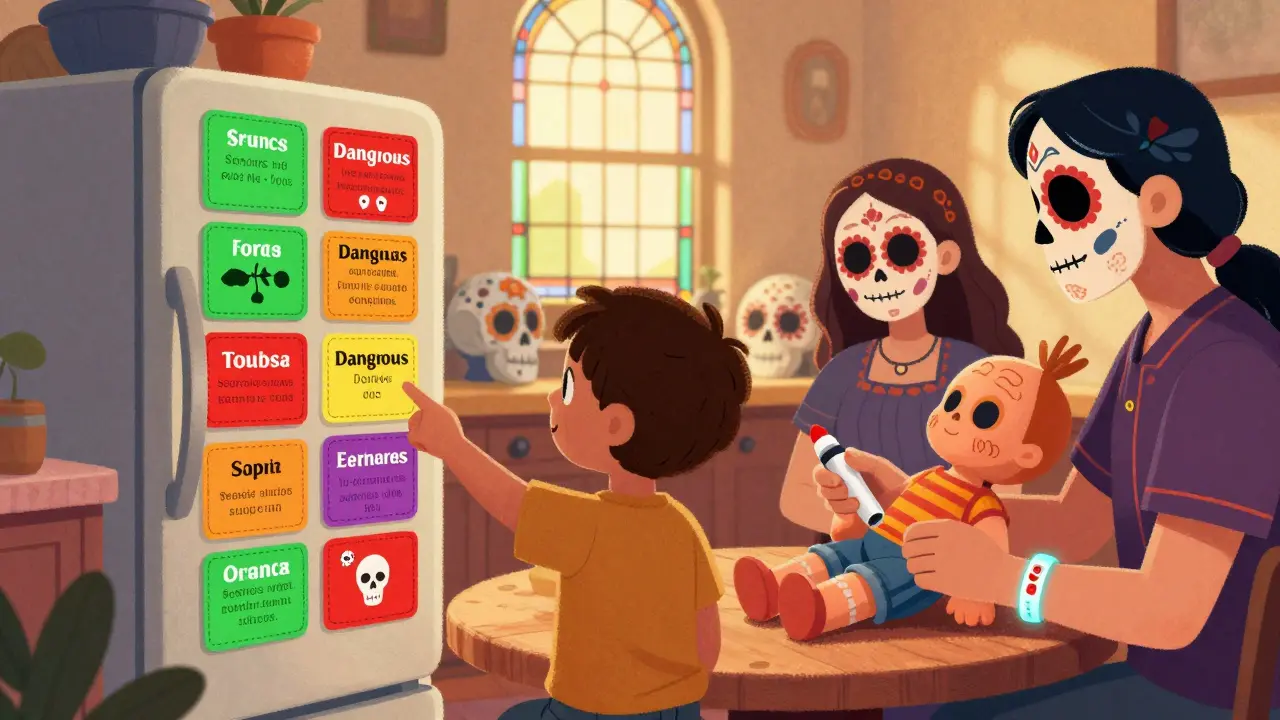 A family practicing epinephrine use on a doll, with safe and unsafe food labels on a fridge, under warm candlelight in Day of the Dead style.