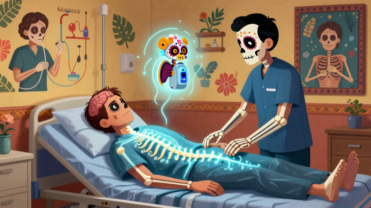 A glowing spinal cord connects brain to limbs as skeletal therapists assist, with a diaphragm pacemaker shaped like an alebrije.