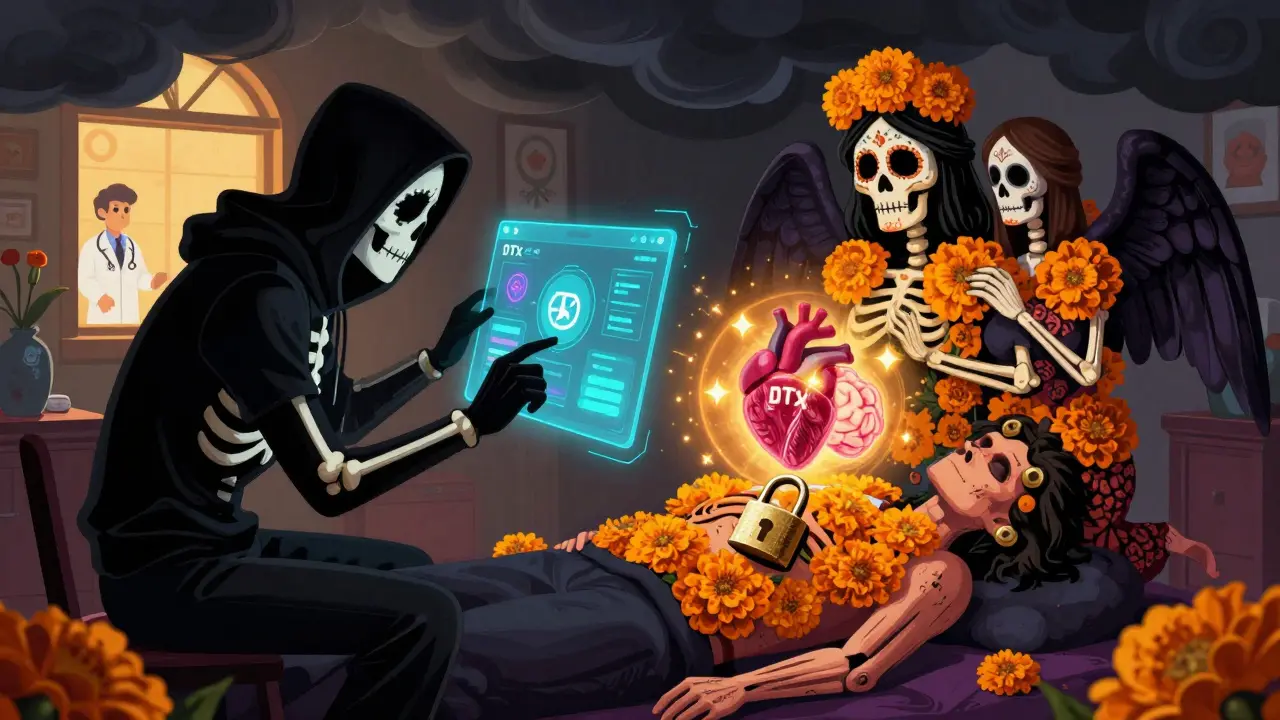 A hacker tries to steal health data from a DTx app, while protective skeletal guardians made of marigolds shield the patient’s vital signs in a dark-lit scene.