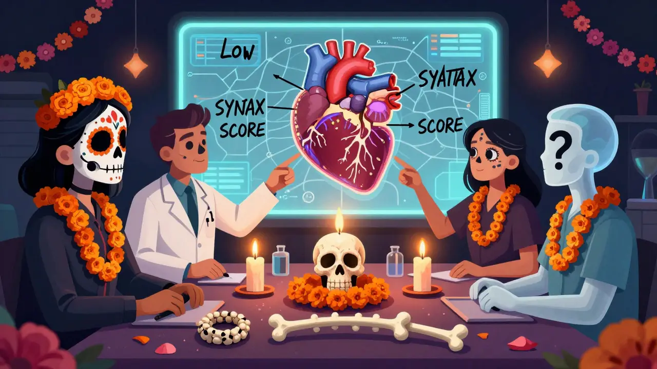 A heart team around a projected angiogram map, adorned with skull makeup and marigolds, pointing to SYNTAX score zones marked in skeletal script.