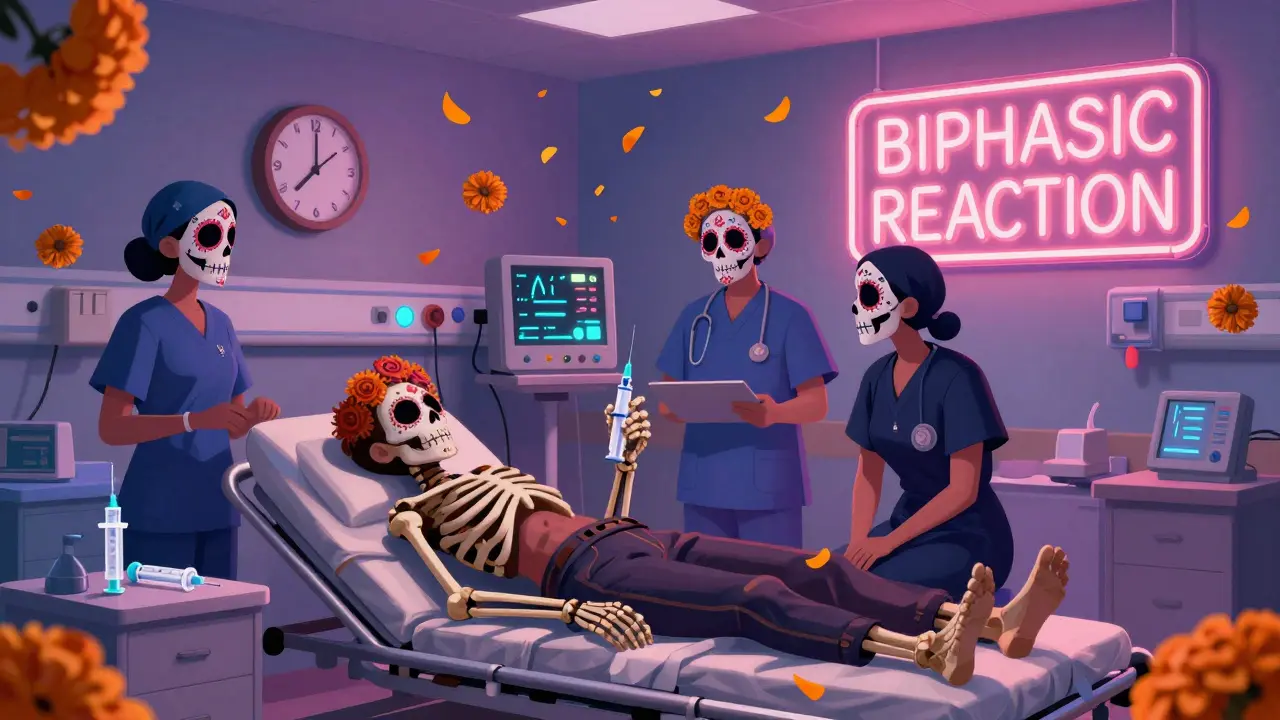 A hospital scene with a patient recovering after epinephrine use, medical staff in themed scrubs, and floating marigold petals signaling biphasic risk.