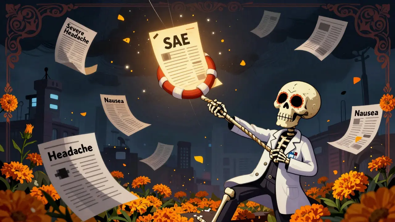 A lifeline SAE report rising above a storm of misclassified adverse event papers, surrounded by marigold petals in Day of the Dead style.