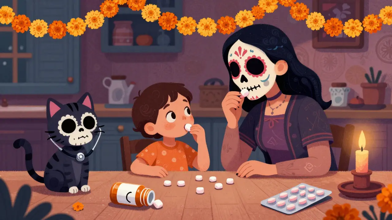 A parent practices swallowing pills with a toddler using marshmallows, while a skeletal cat watches and liquid medicine is discarded.