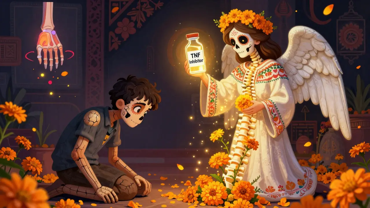 A patient beside their former broken self, healed by a skeletal angel releasing TNF-inhibiting light and flowers.