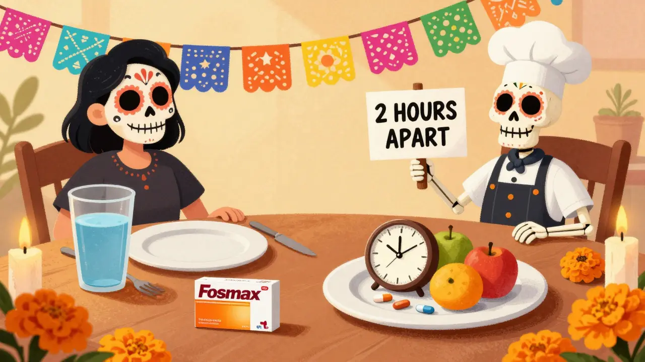 A person at breakfast with two timed pill plates, a skeleton chef holding a '2 HOURS APART' sign, surrounded by candles and marigolds.