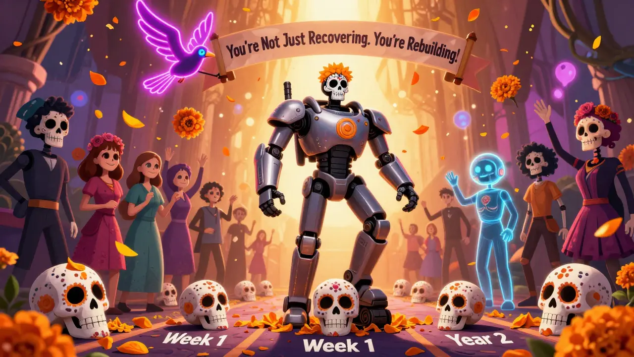 A person standing in an exoskeleton takes a step on a path of sugar skulls, cheered by skeletal peers in a vibrant celebration.