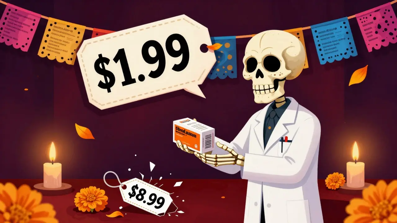 A pharmacist skeleton handing a store-brand medicine box to a customer, with a shattered high-price tag on the floor.
