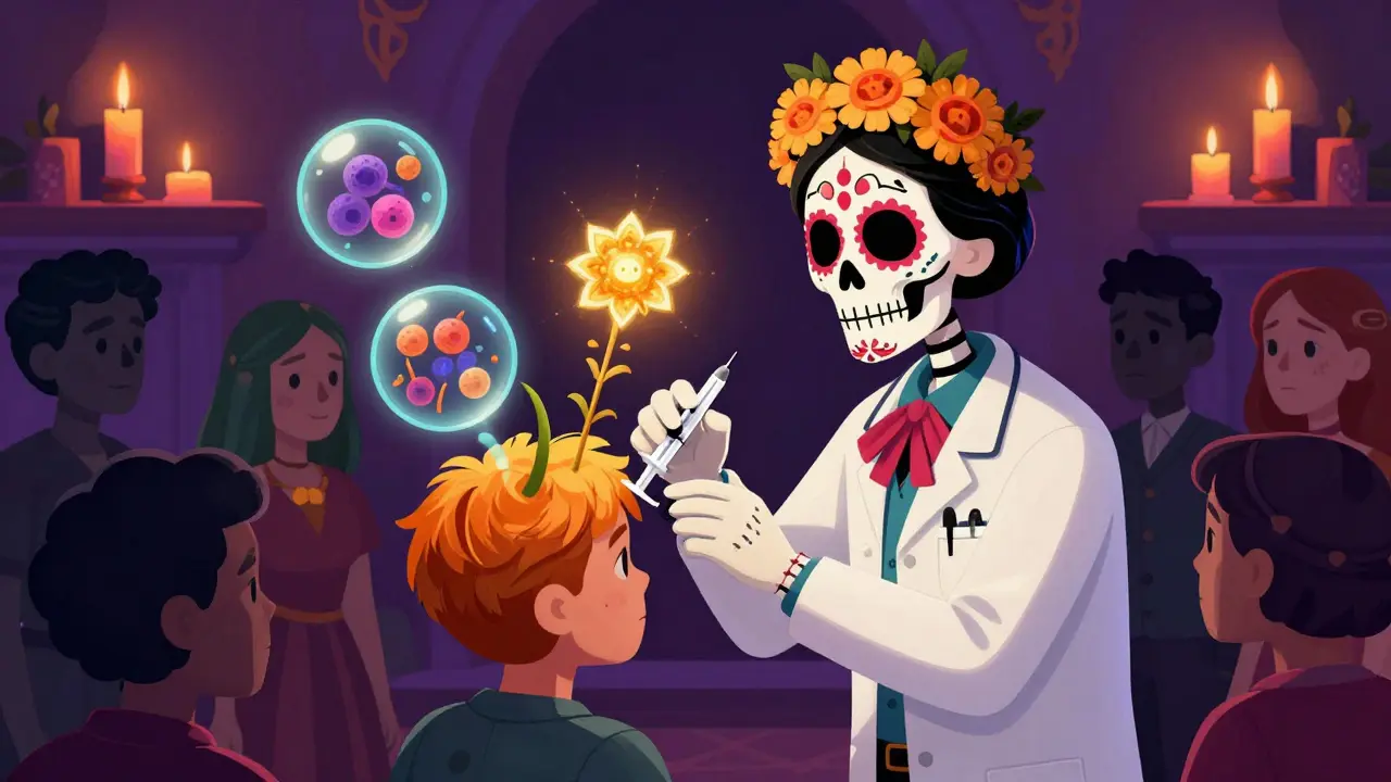 A skeletal healer giving steroid injections as spirit orbs drive away immune cells, under candlelight and papel picado.