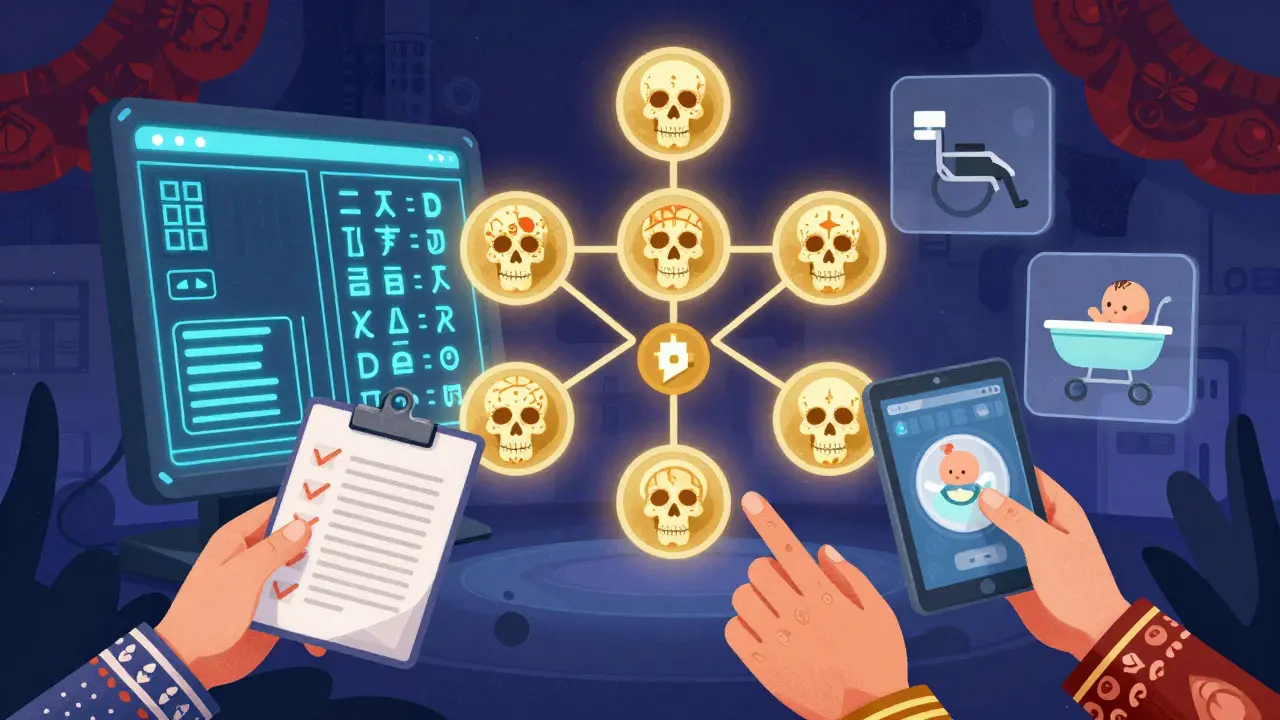 An AI terminal projecting a decision tree of six serious outcomes, with human hands reviewing data, styled in vibrant alebrije patterns.