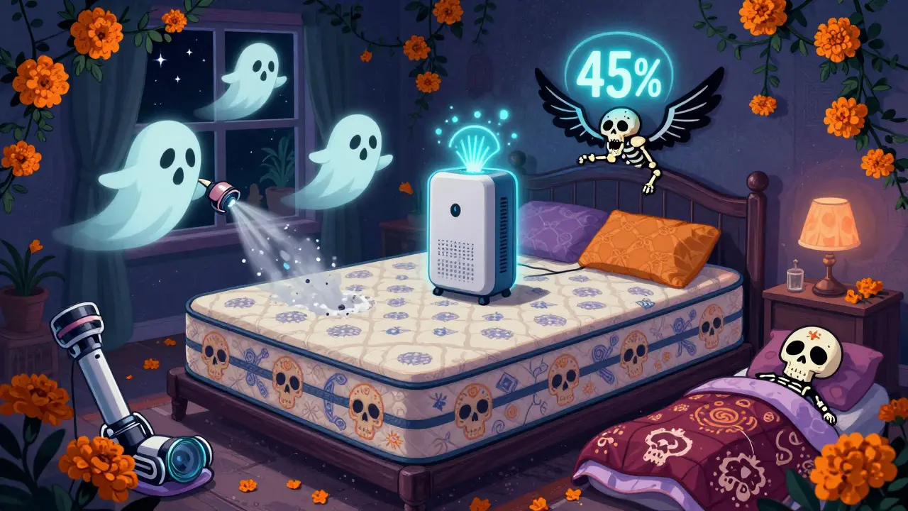 An ornate skull-patterned mattress encasement protects a sleeper, with HEPA vacuum ghosts and a dehumidifier glowing at 45% humidity.