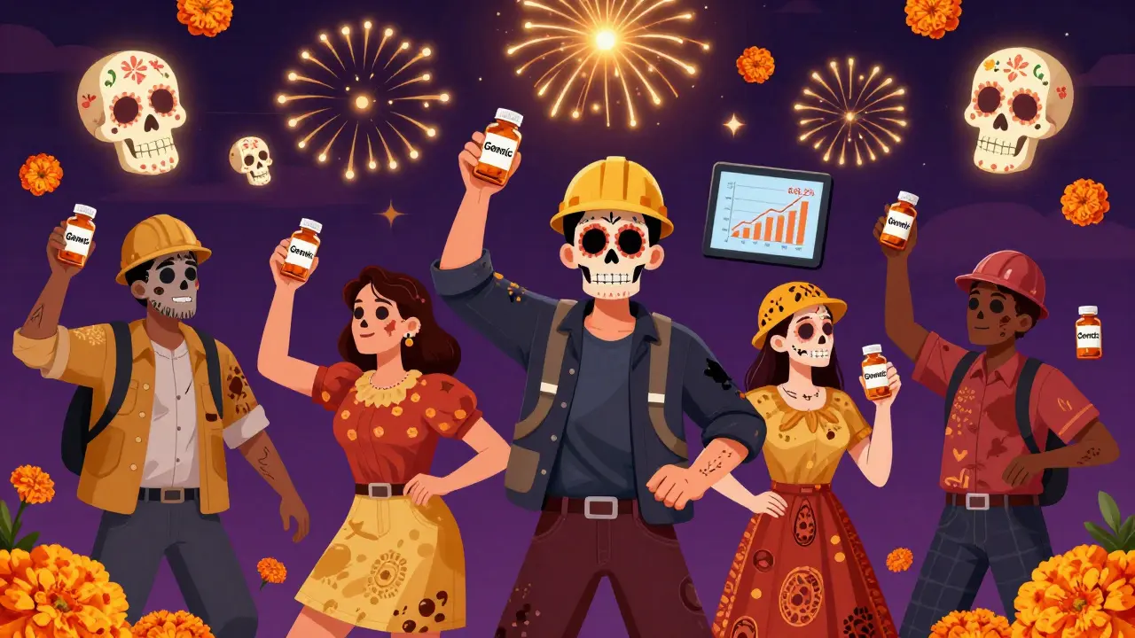 Diverse injured workers dance joyfully holding generic pills, with glowing sugar skulls and a rising graph in the sky above.