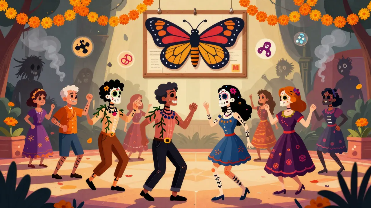 Diverse patients dancing with flexible, ornamented spines, while faded AS shadows disappear, surrounded by marigolds.