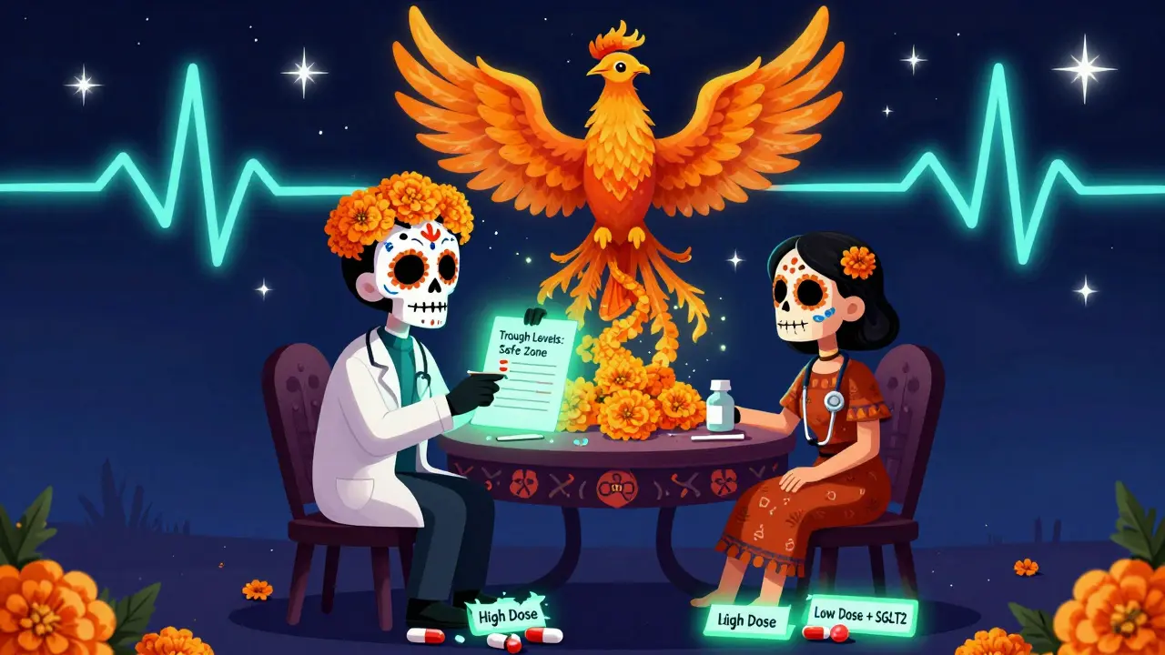 Doctor and patient reviewing blood test chart as a marigold phoenix rises, symbolizing safer drug dosing.