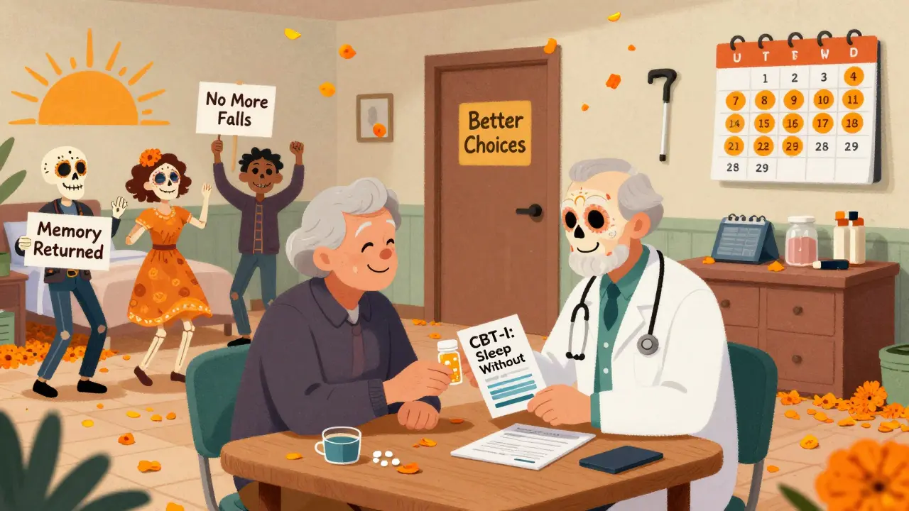 Doctor and senior exchanging medication for CBT-I booklet, surrounded by joyful skeletal figures celebrating improved health.