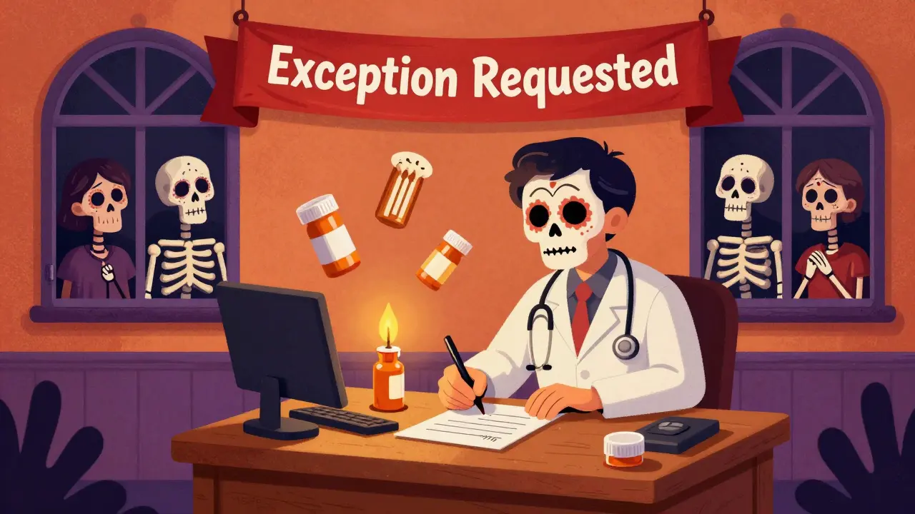Doctor writing an exception letter surrounded by floating prescription bottles and skeletal onlookers in Day of the Dead style.
